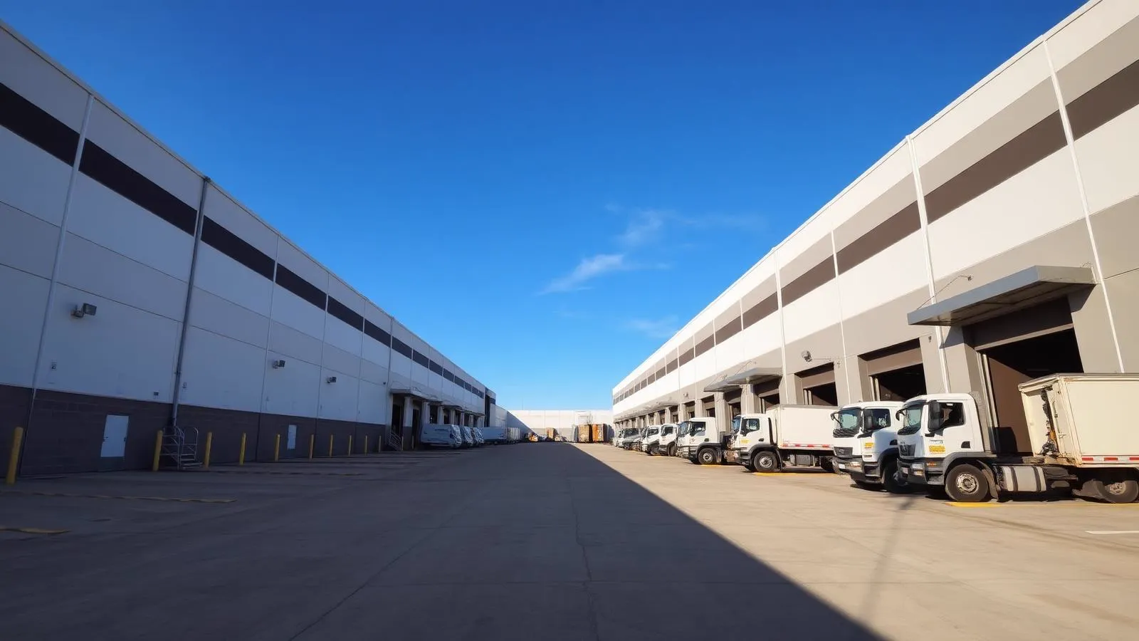 Complejo de naves industriales modernas en México con andenes de carga y camiones estacionados bajo cielo despejado