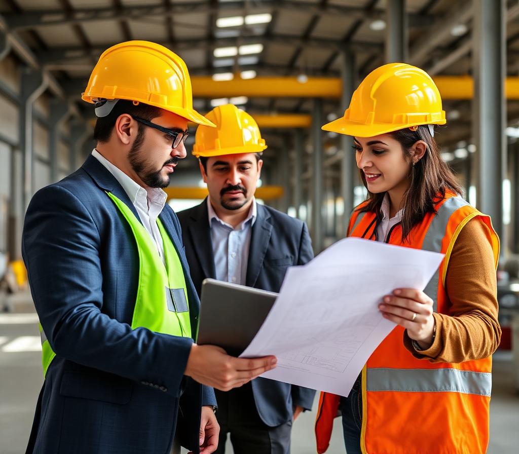 Profesionales revisando planos en parque industrial